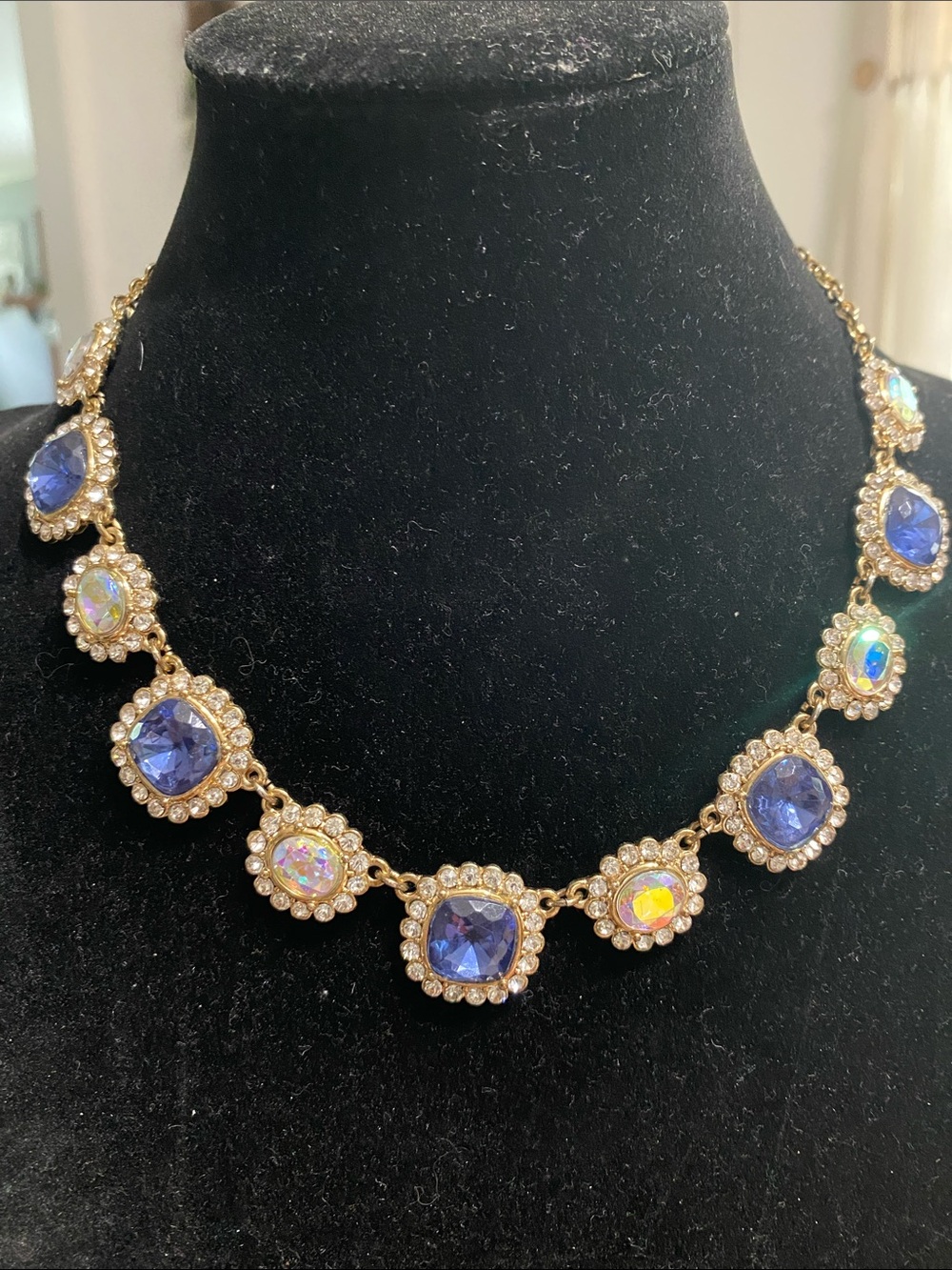 Beautiful Gold-Tone Necklace with Blue and Iridescent Stones